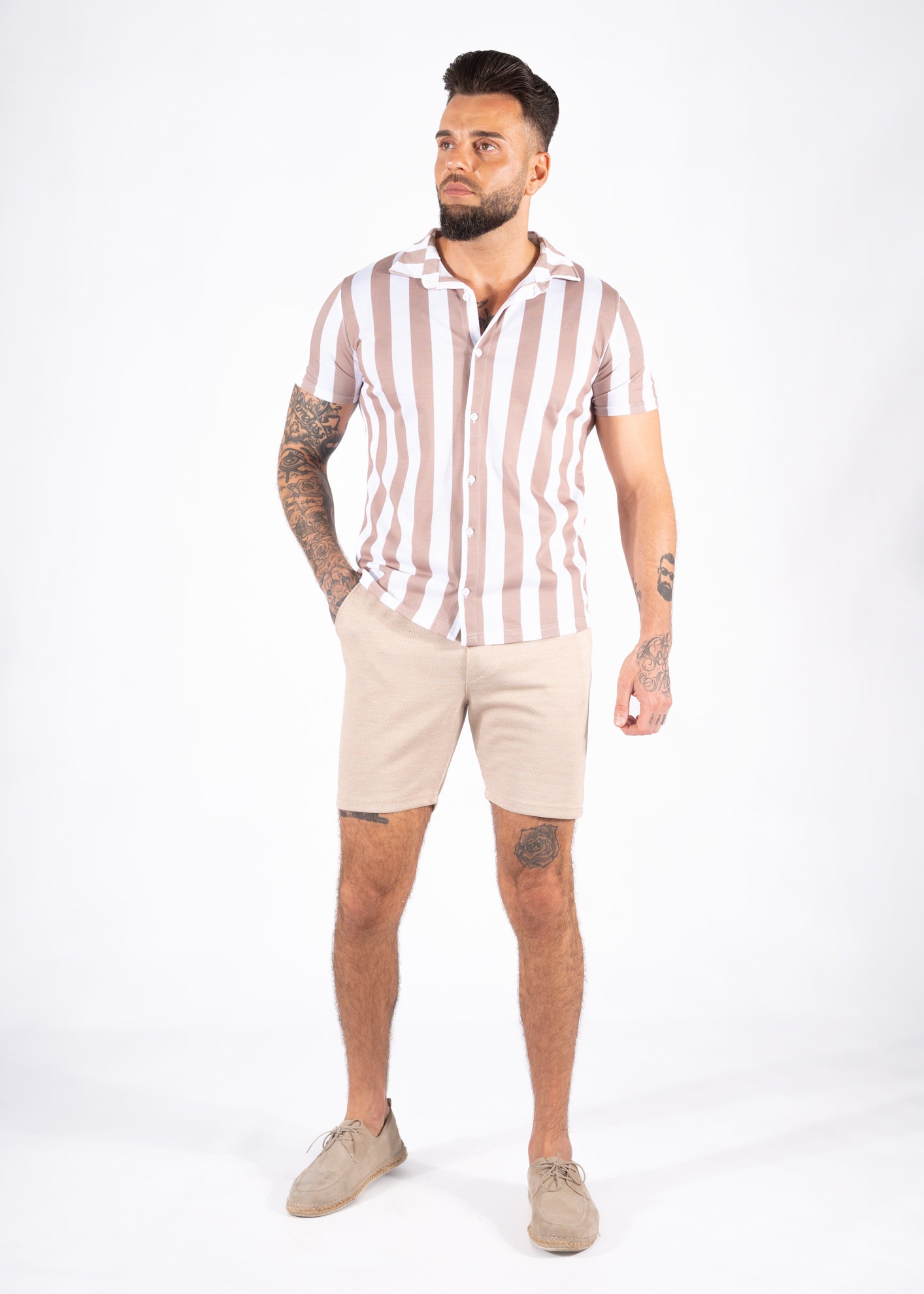 Summer set short & shirt stripe beige